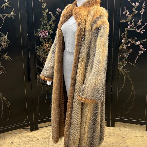 Vintage Mid Century Custom Reversible Fox Fur & Chevron Leather Full Length Coat - Picture 2 of 11